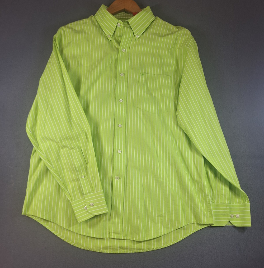 Izod Mens Classic Button Down Long Sleeve Neon Green Pinstripe Sz L Work Casual